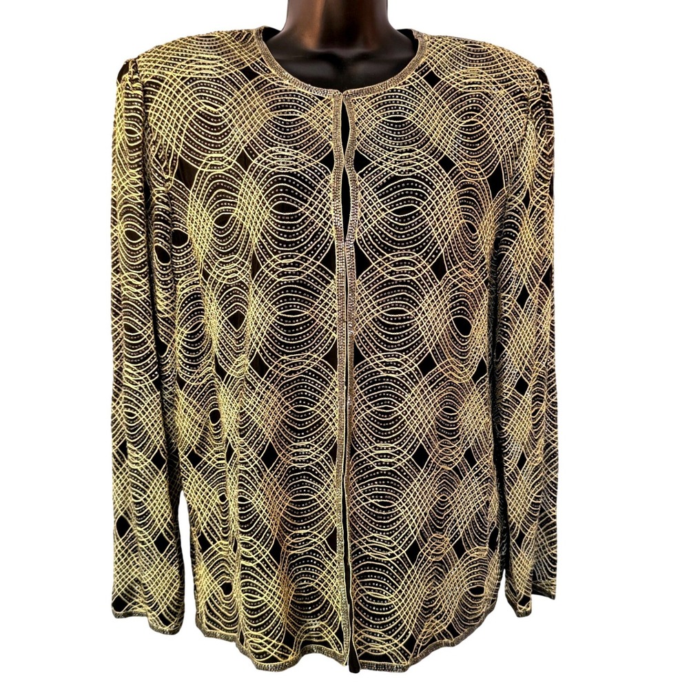 VTG Silk Glam‎ Beaded Cardigan Black Gold Geometric Open Front Long Sleeve
